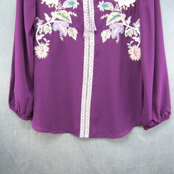 Chicos Purple Embroidered Floral Tassel Tie Front Top Size M 1 Long Sleeve - Picture 3 of 10